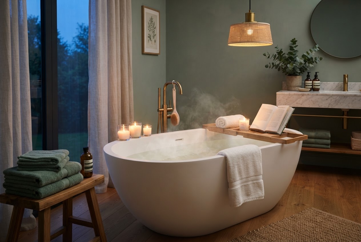 Warmes Abendbad in einer freistehenden Badewanne mit Kerzen und Eukalyptus – Hydrotherapie zur Entspannung der Muskulatur