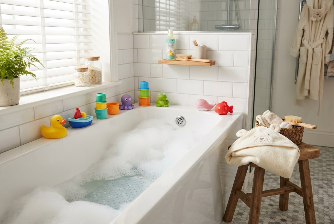 Buntes Badespielzeug am Rand einer Badewanne mit Schaum für Kinder