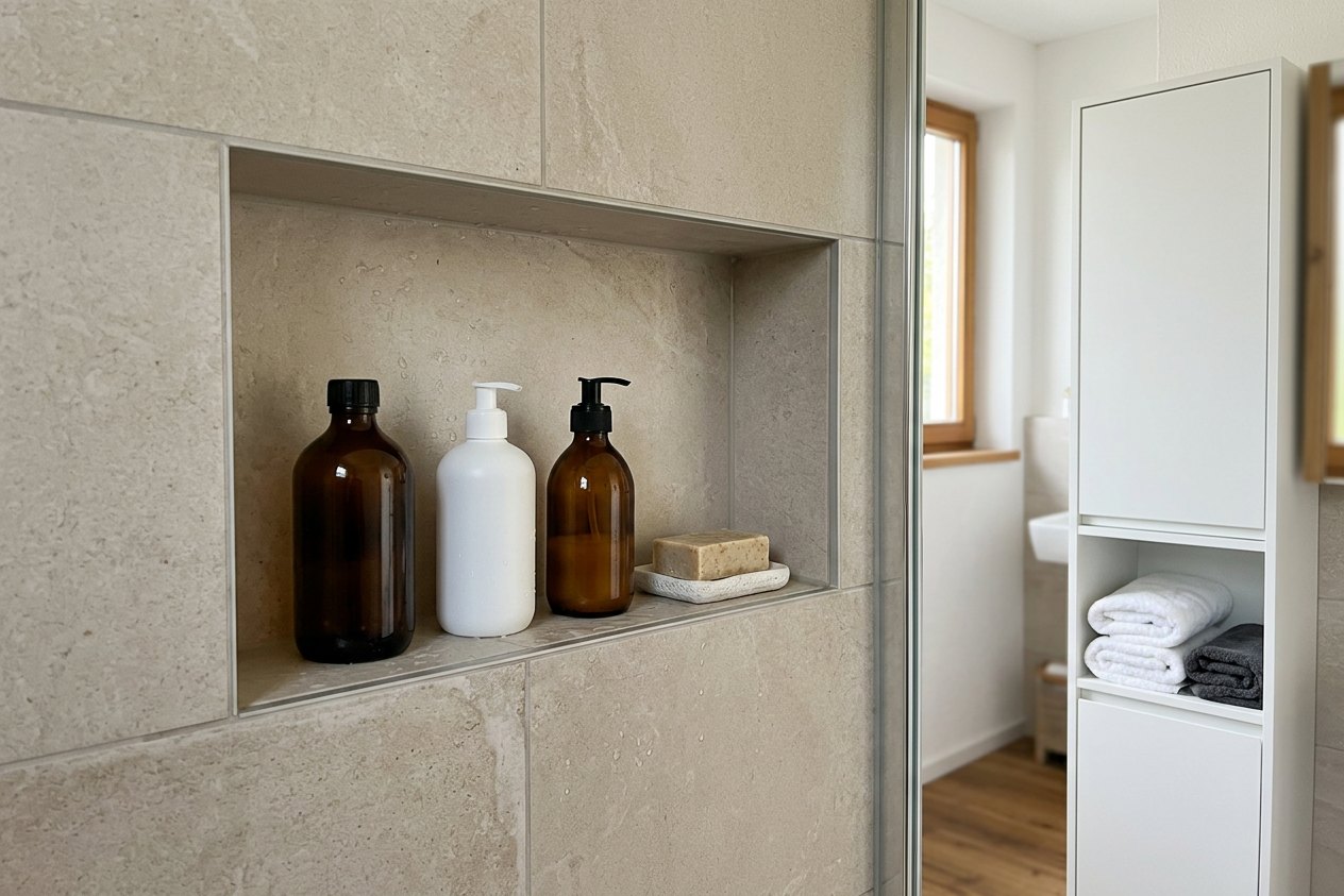 Kleines Bad Ideen: geflieste Wandnische in der Dusche mit Flaschen ohne Etikett und schmaler Hochschrank