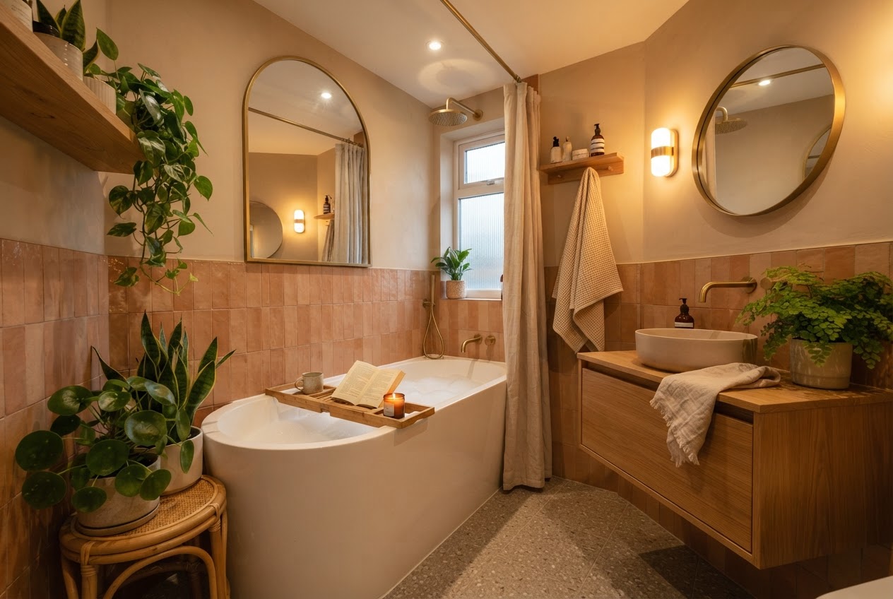 Kleines modernes Badezimmer mit platzsparender Badewanne in der Ecke