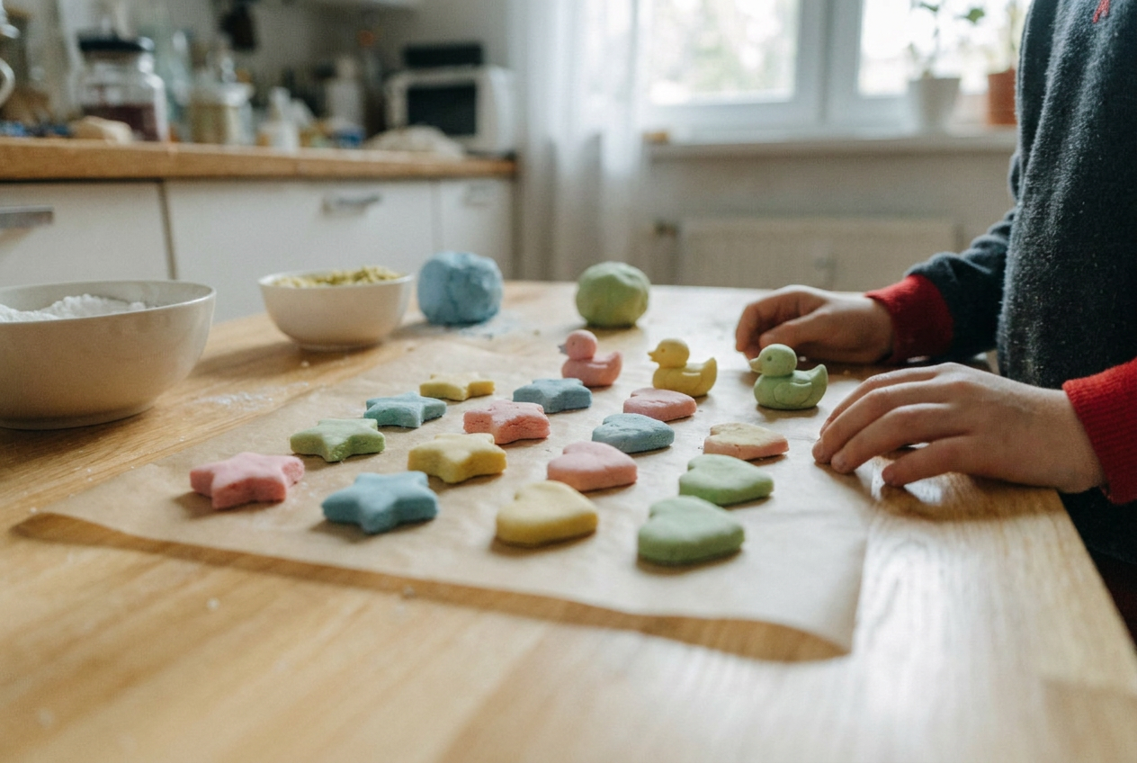 Fertige Knetseifen-Figuren in Pastellfarben: Sterne, Herzen und kleine Enten