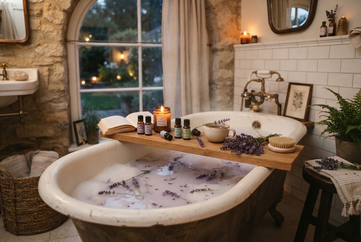 Entspannendes Lavendelbad in der Badewanne