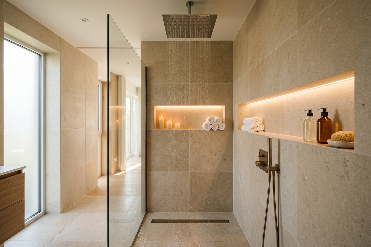 Walk-in-Regendusche im Luxus-Bad mit großformatigem Naturstein, beleuchteter Wandnische mit Kerzen und Handtüchern und Unterputz-Thermostat in Bronze