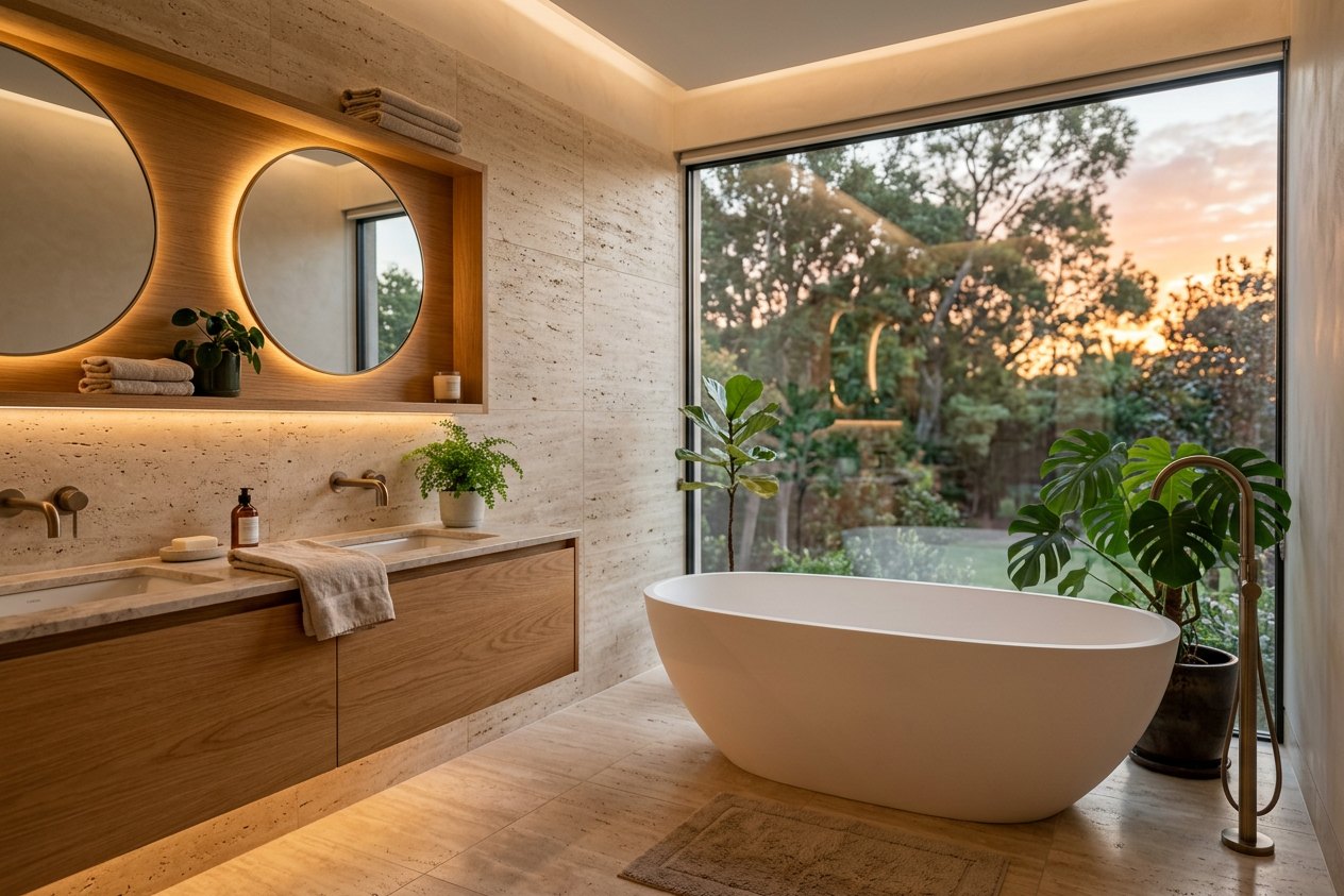 Luxus-Badezimmer mit freistehender Badewanne vor großem Fenster, Travertin-Wand, Doppelwaschtisch aus Eiche und warmer Abendbeleuchtung