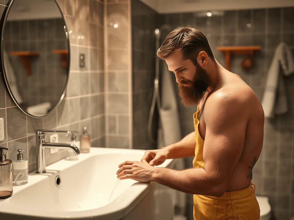 männlicher muskolöser Handwerker im Badezimmer