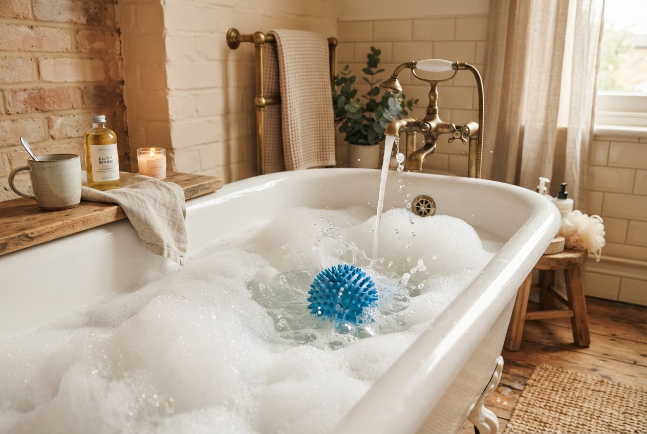 Massageball mit Noppen erzeugt Schaum in der Badewanne
