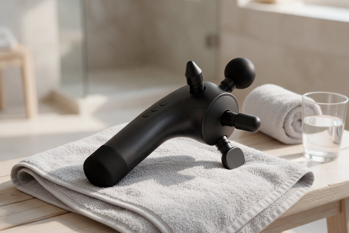 Massagepistole im Badezimmer Massagepistole auf einem Handtuch in einem hellen modernen Badezimmer