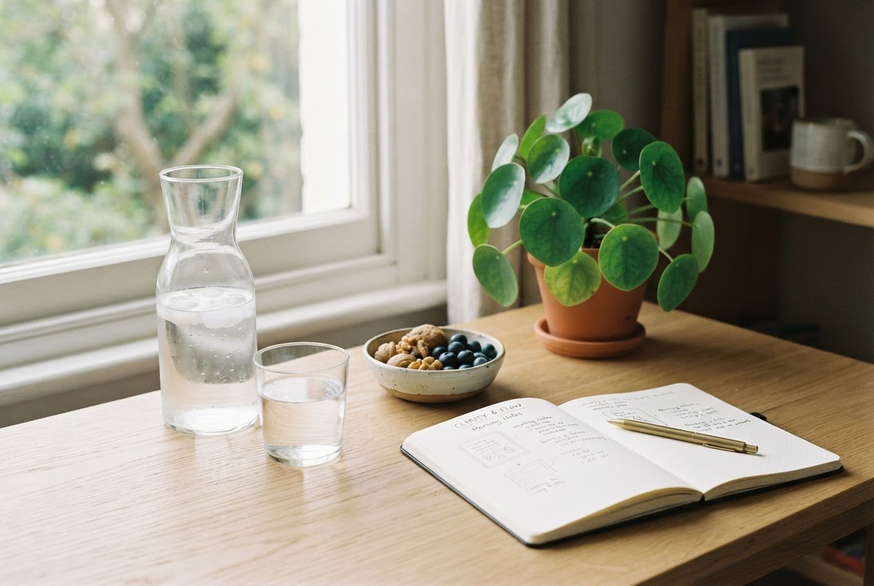 Wasser, Notizbuch, Nüsse und Beeren als Basis für mentale Leistungsfähigkeit