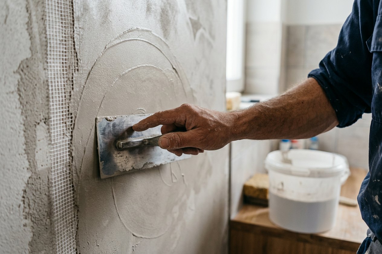 Handwerker trägt Mikrozement mit der Edelstahl-Glättkelle auf eine Badwand mit Armierungsgewebe auf