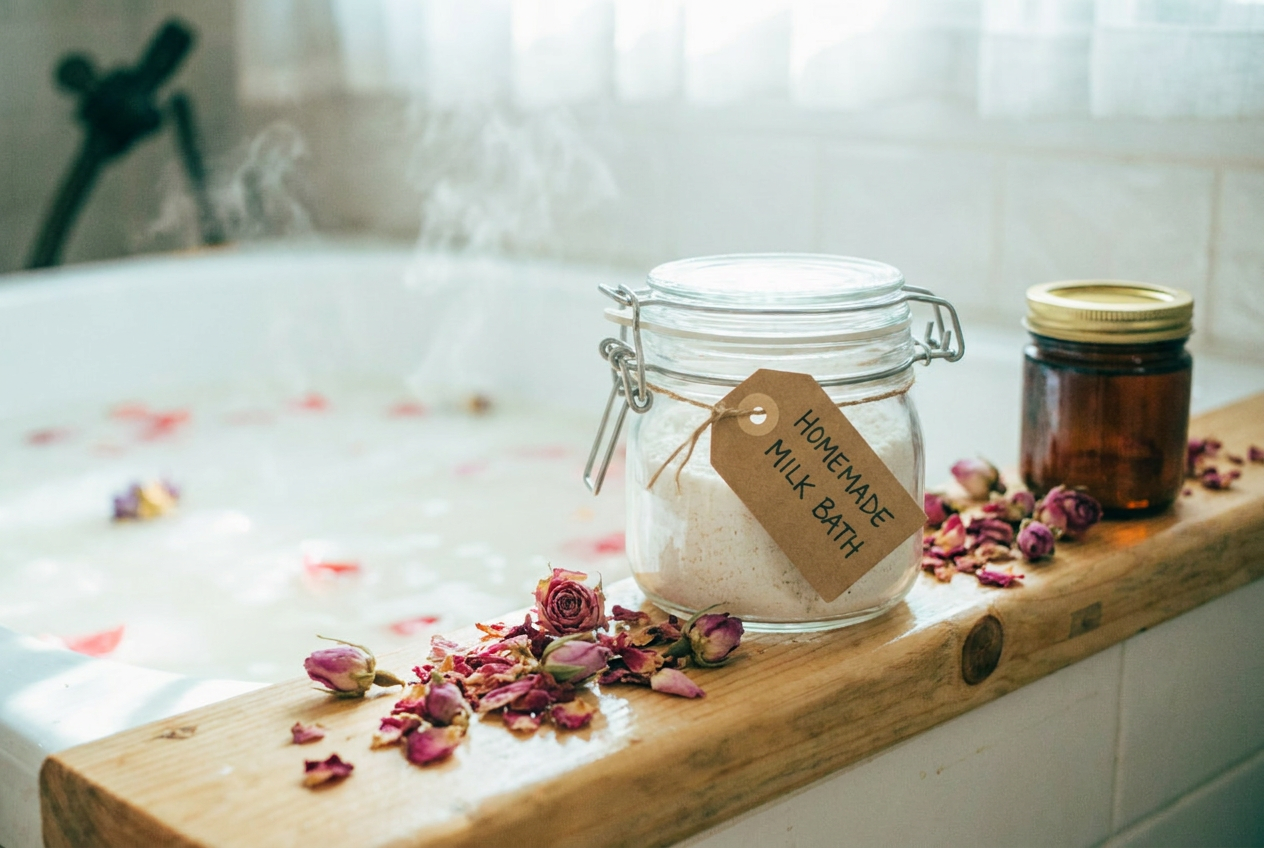 Selbstgemachtes Milchbad-Pulver im Glas mit Etikett und Rosenblüten als Geschenk