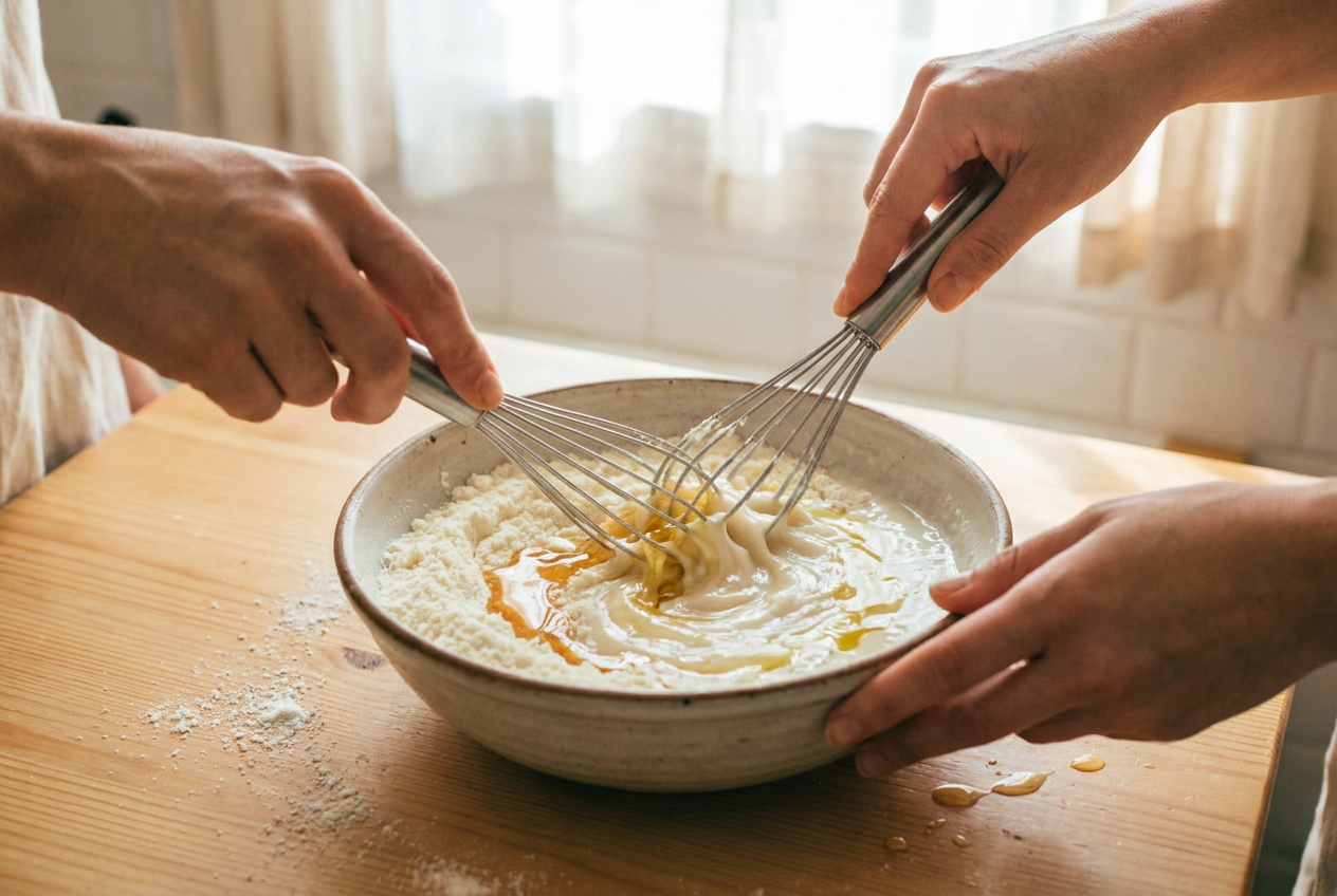 Milchpulver, Honig und Öl werden in einer Schüssel zu einer Milchbad-Mischung verrührt