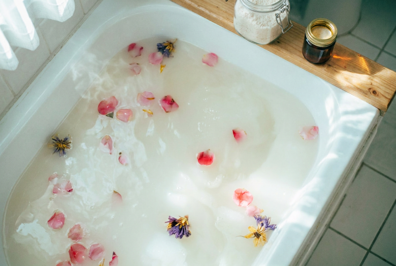 Milchig-weißes Badewasser mit schwimmenden Rosenblüten in der Badewanne