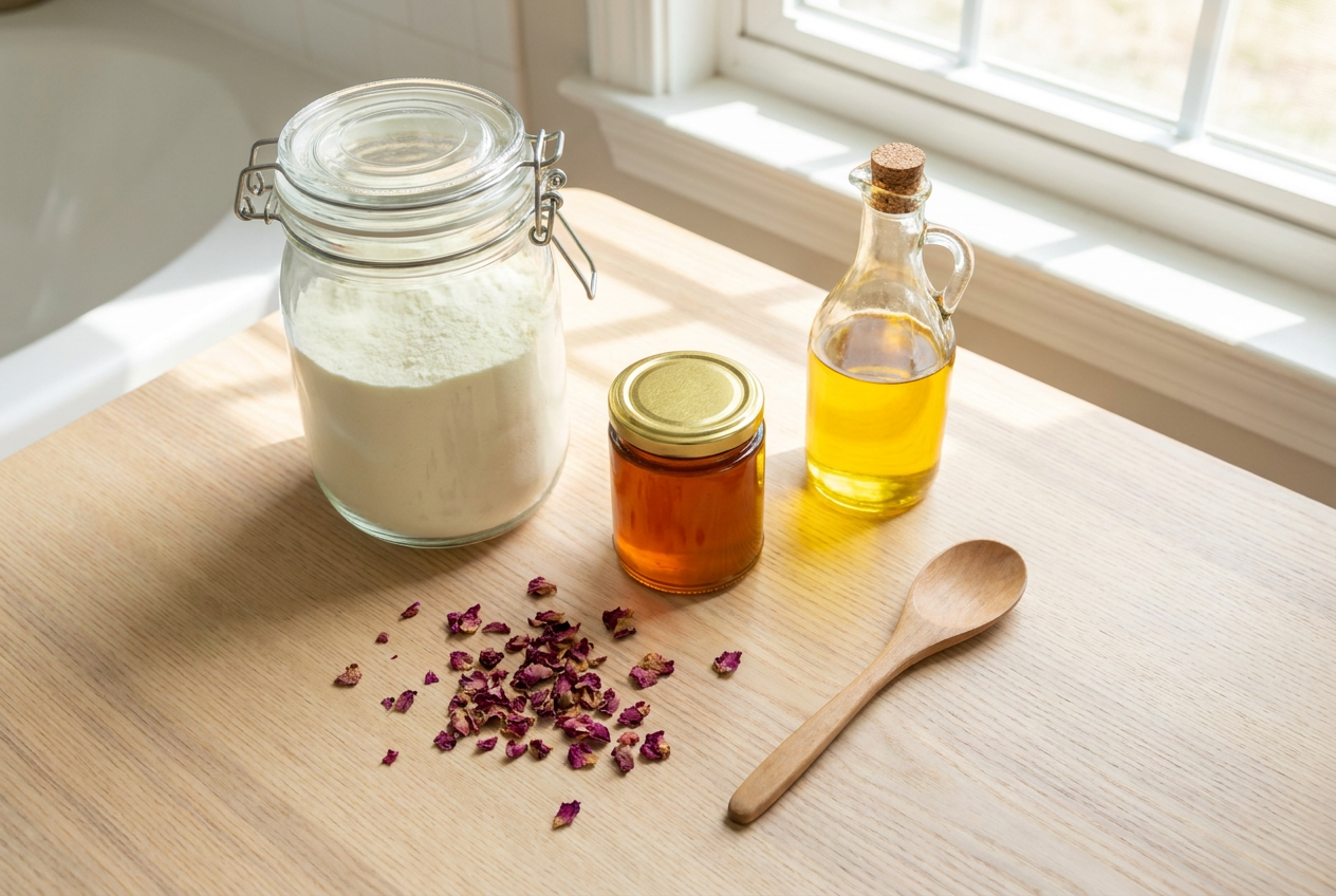 Zutaten für ein Milchbad: Milchpulver, Honig, Öl und getrocknete Rosenblüten auf einem Holztisch