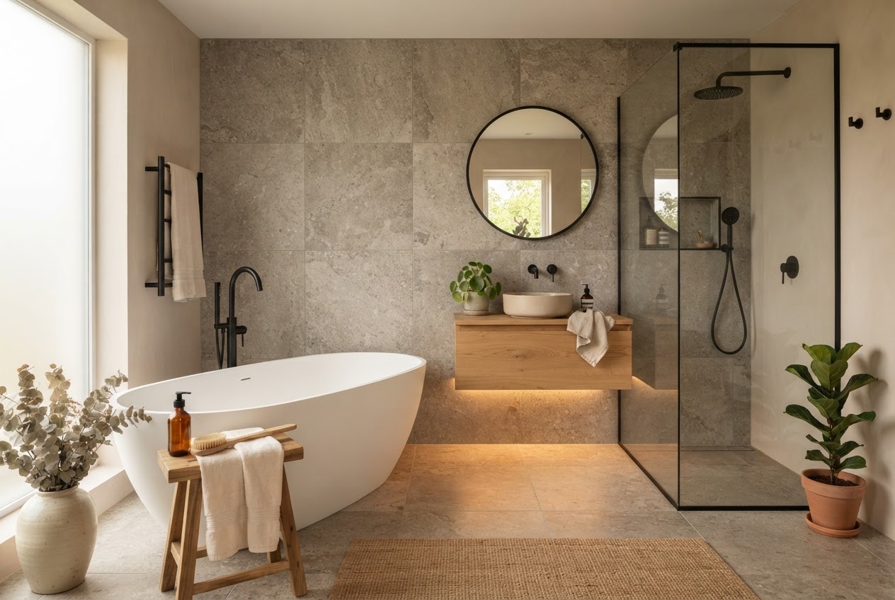Modernes Badezimmer mit freistehender Badewanne und natürlichen Materialien