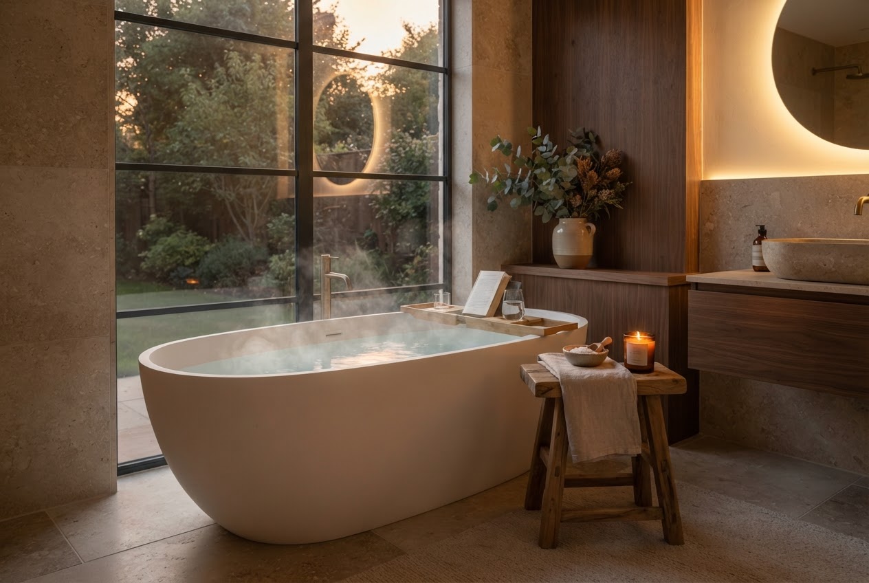 Modernes Badezimmer als private Wellness-Oase mit freistehender Badewanne, Holz und indirektem Licht