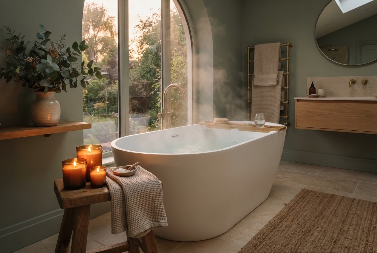 Modernes Badezimmer als private Wohlfühlzone mit freistehender Badewanne, Kerzen und warmem Licht