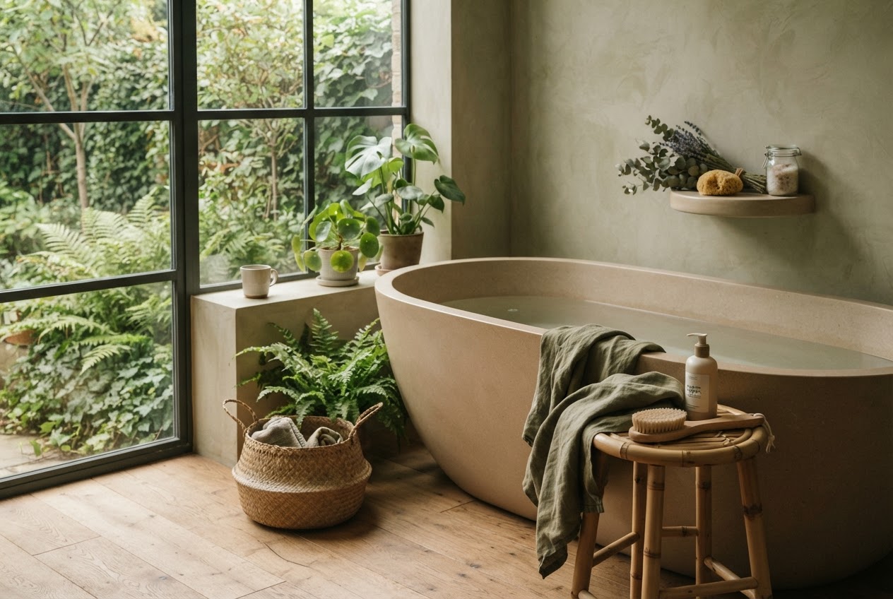 Nachhaltige Badewanne aus Mineralguss mit Naturmaterialien wie Holz und Bambus im Badezimmer