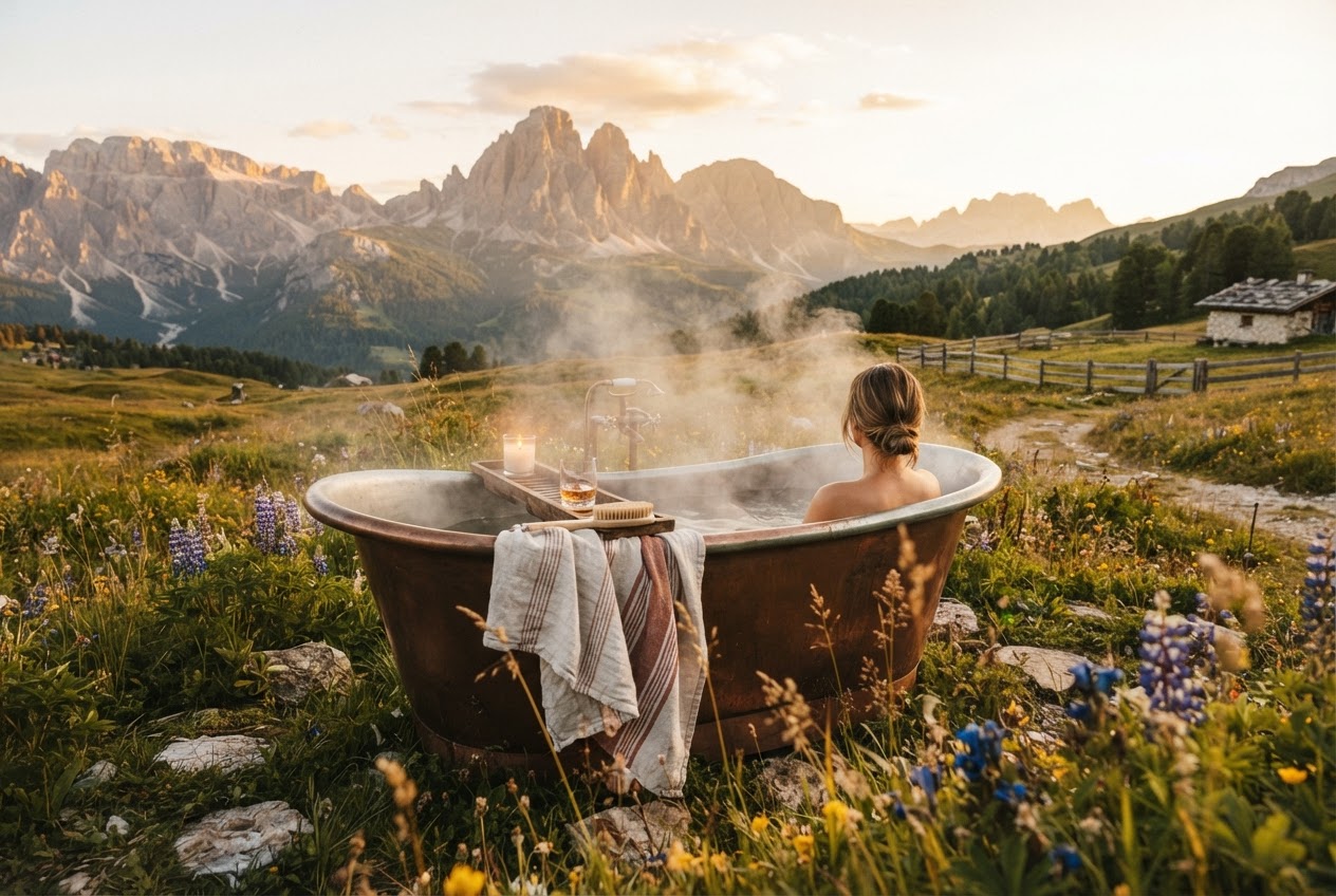 Outdoor Badewanne auf einer Alm mit Bergpanorama