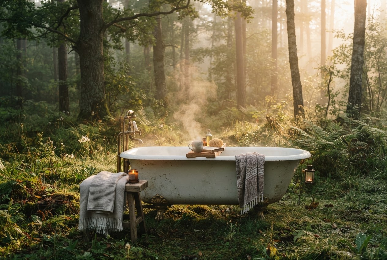 Outdoor Badewanne im Wald im Morgengrauen