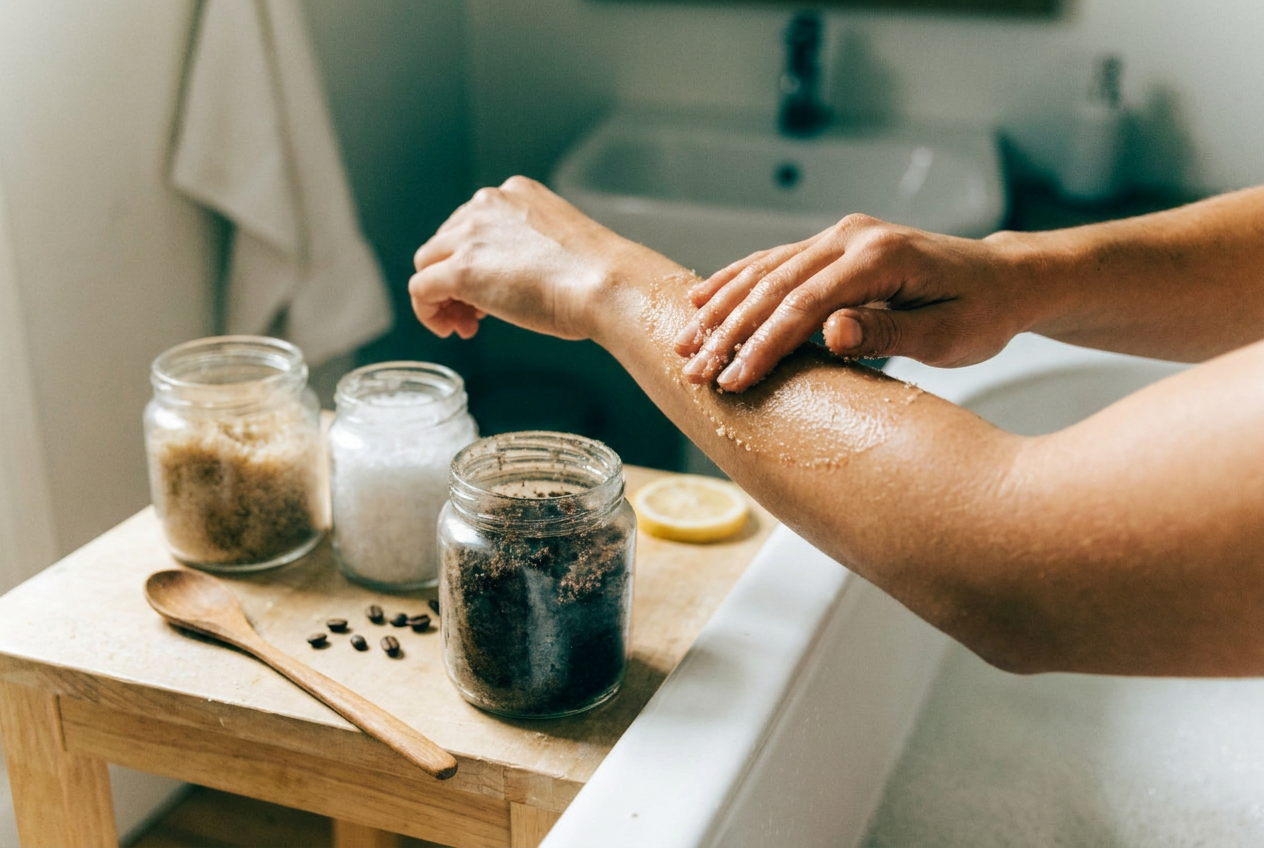 Selbstgemachtes Peeling wird in kreisenden Bewegungen auf die Haut am Arm aufgetragen