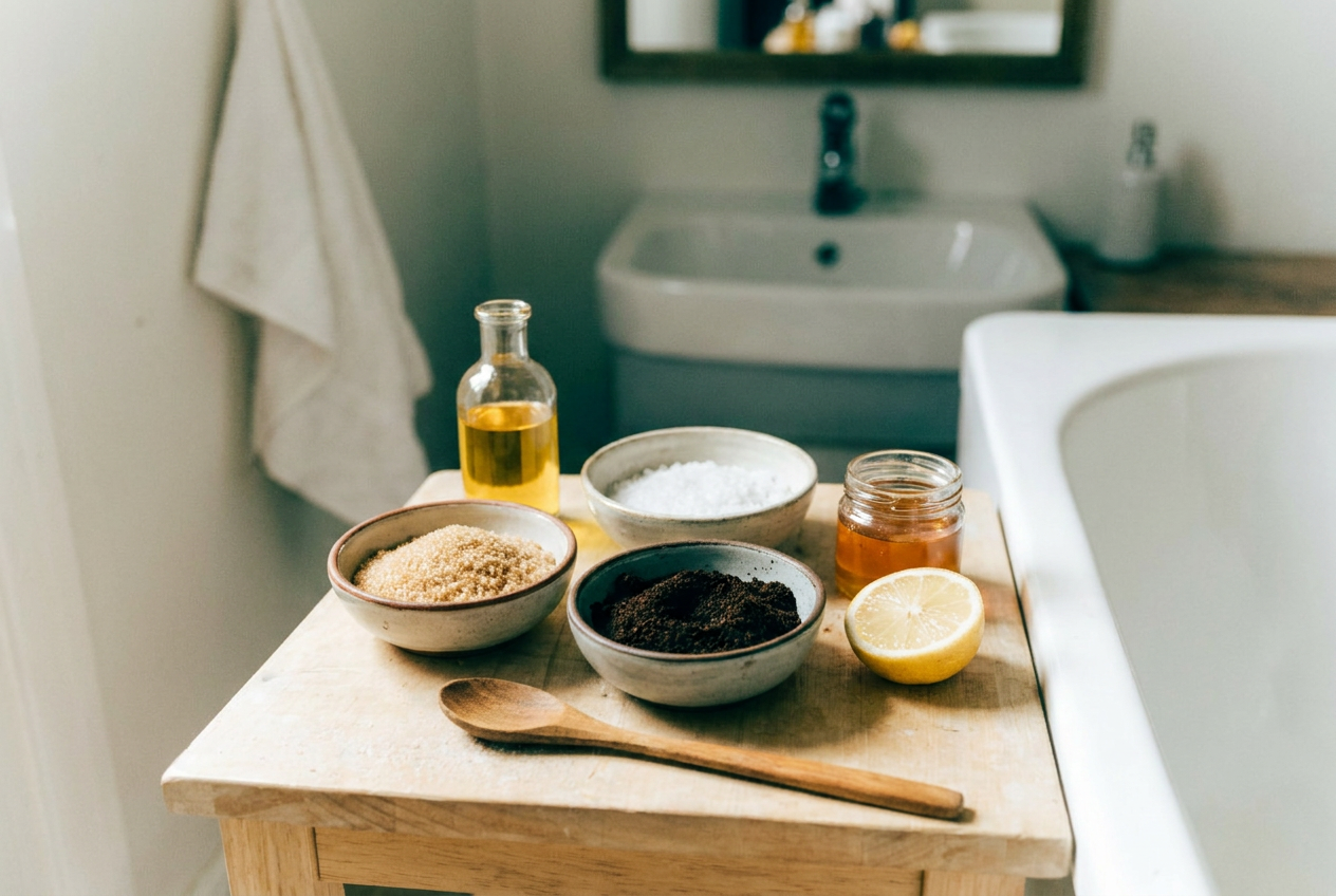 Zutaten für selbstgemachtes Peeling: Zucker, Meersalz, Kaffee, Öl und Honig auf einem Holztisch