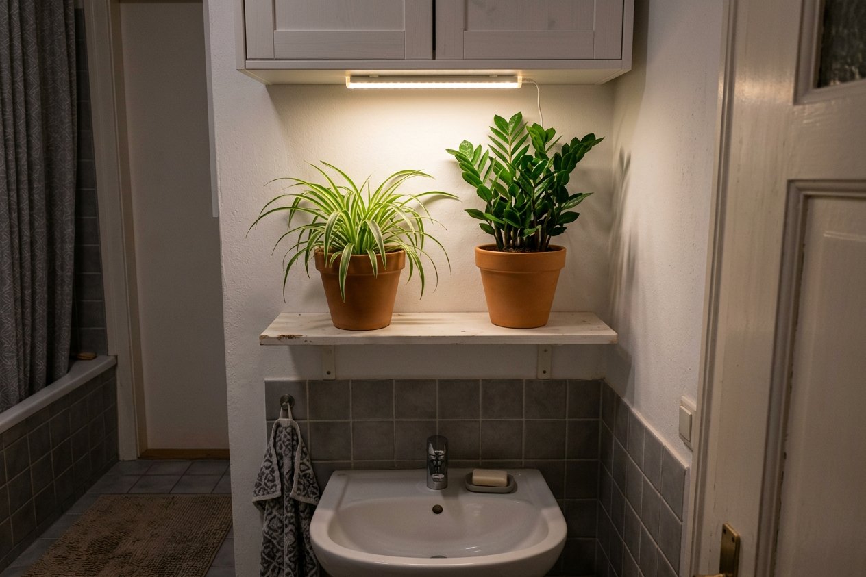 Pflanzen fürs Bad ohne Fenster: Grünlilie und Zamioculcas auf Regal unter LED-Pflanzenlampe