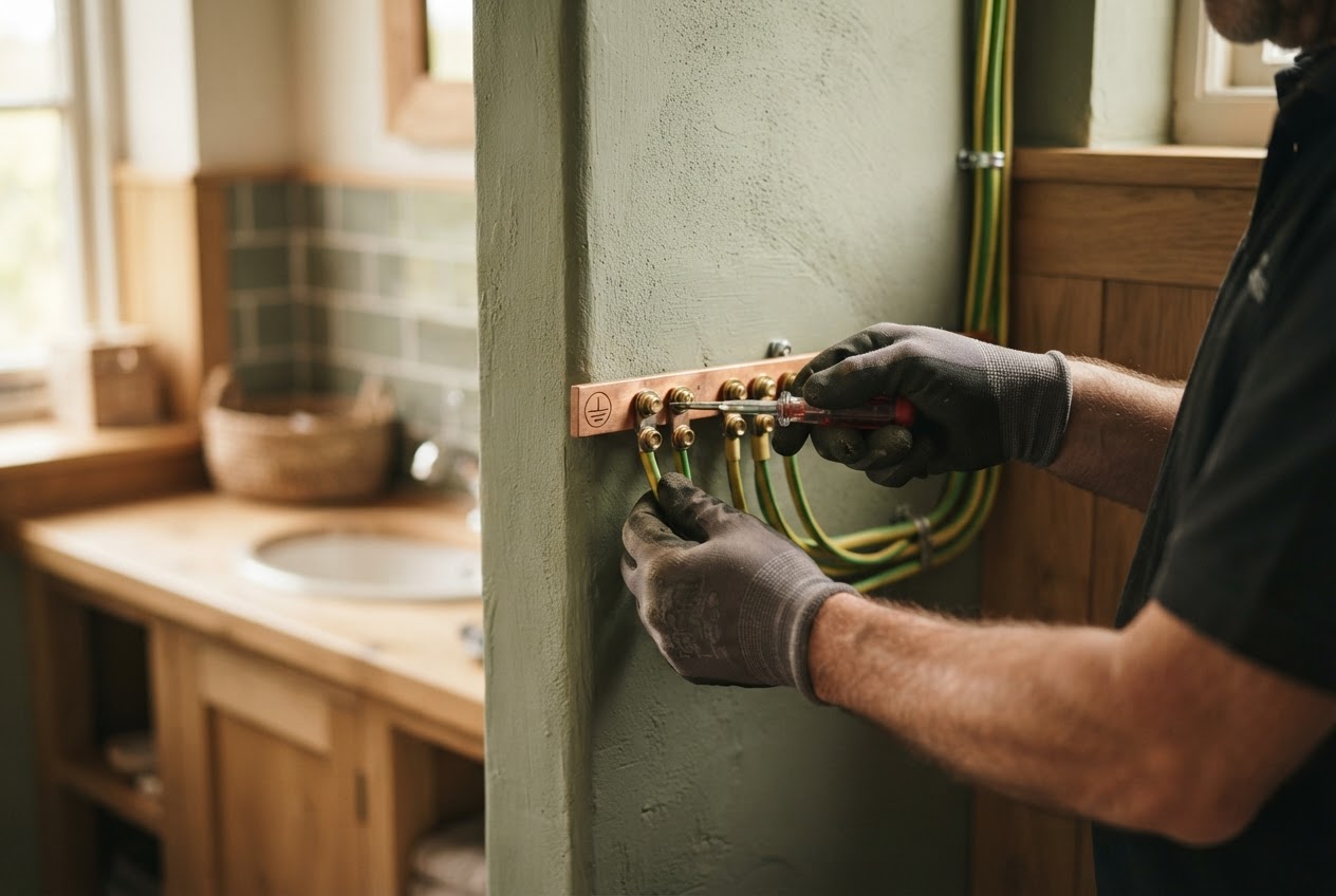 Potentialausgleichsschiene im Badezimmer mit angeschlossenen grün-gelben Leitern