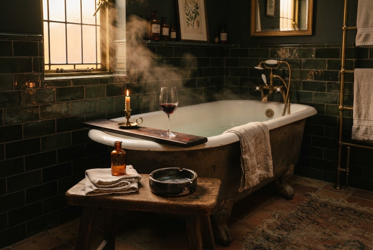Rauchen in der Badewanne – Badezimmer mit Wein und Aschenbecher am Wannenrand