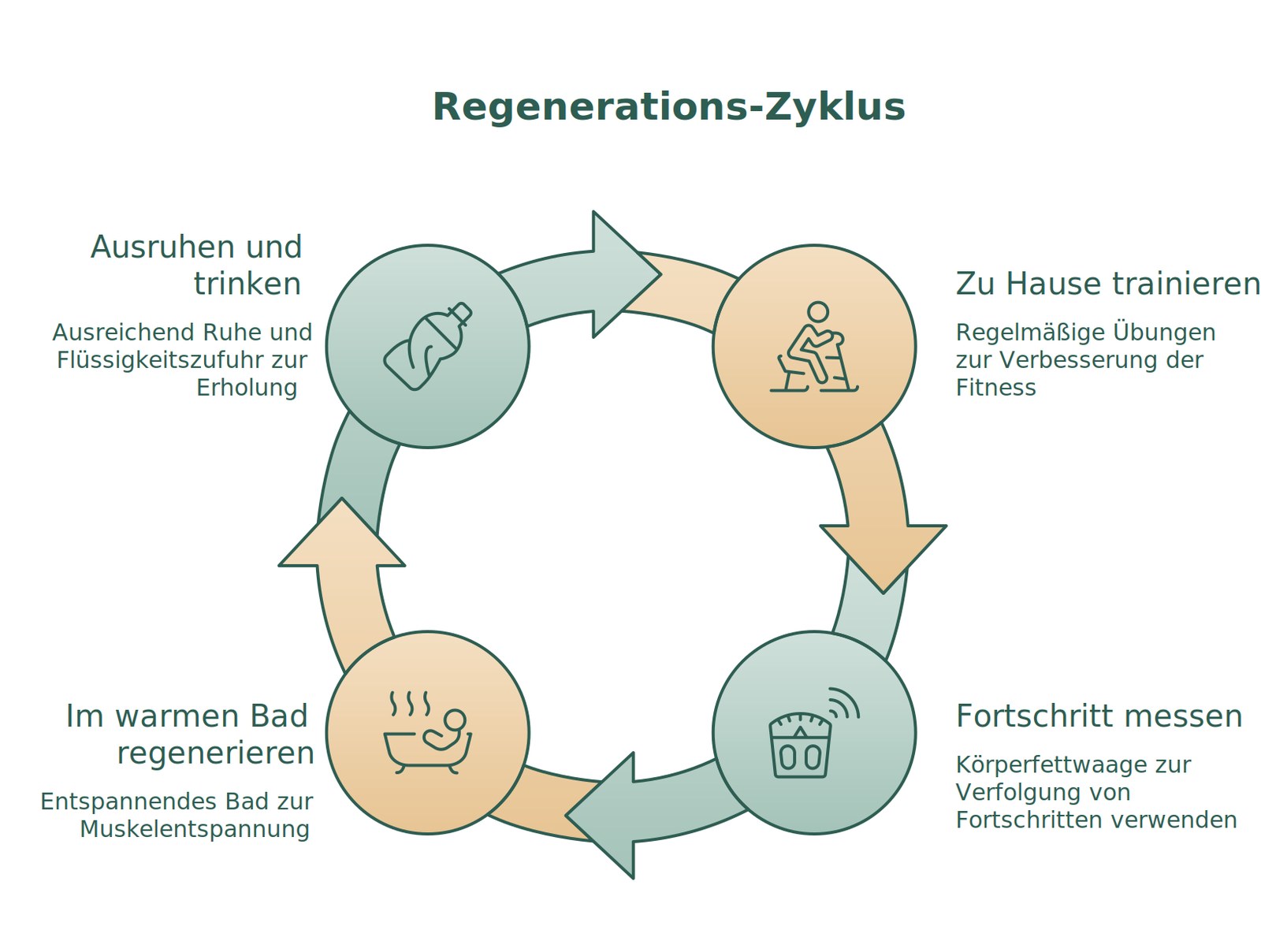 Regenerations-Kreislauf mit Training, Körperfettwaage, warmem Bad und Erholung