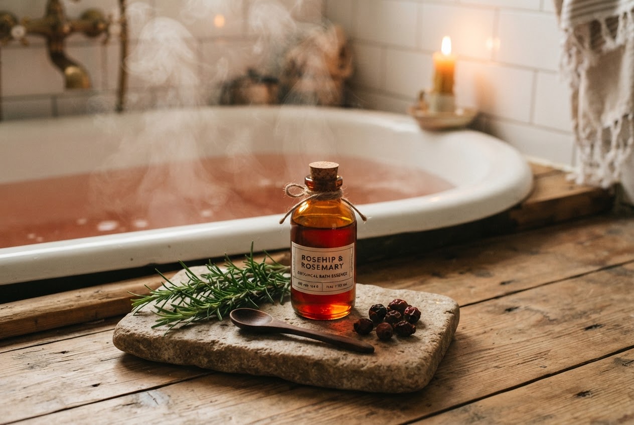 Rheuma Badezusatz – rötliche Flüssigkeit wie Hagebuttentee neben der Badewanne