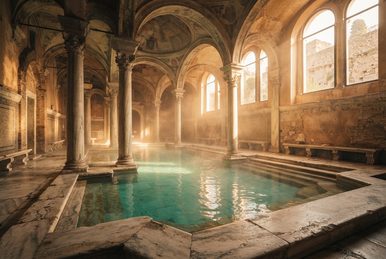 Römische Therme mit Säulen und dampfendem Wasserbecken als Wiege der Badekultur