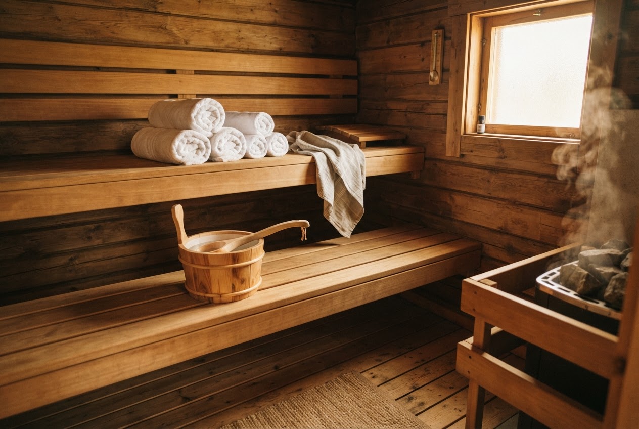 Sauna oder Badewanne: Holzsauna mit Aufgusskübel