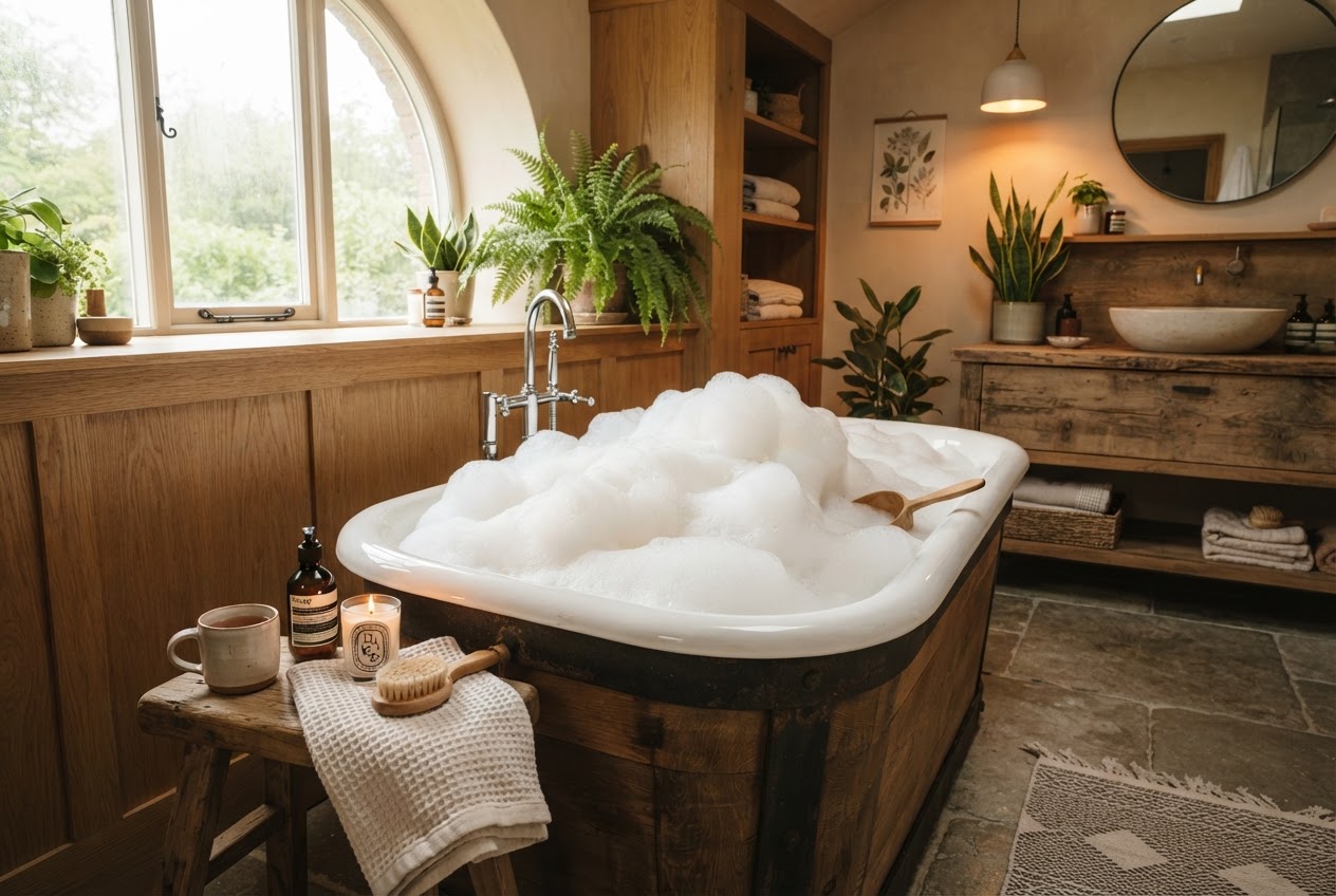 Schaumbad mit viel Schaum in der Badewanne