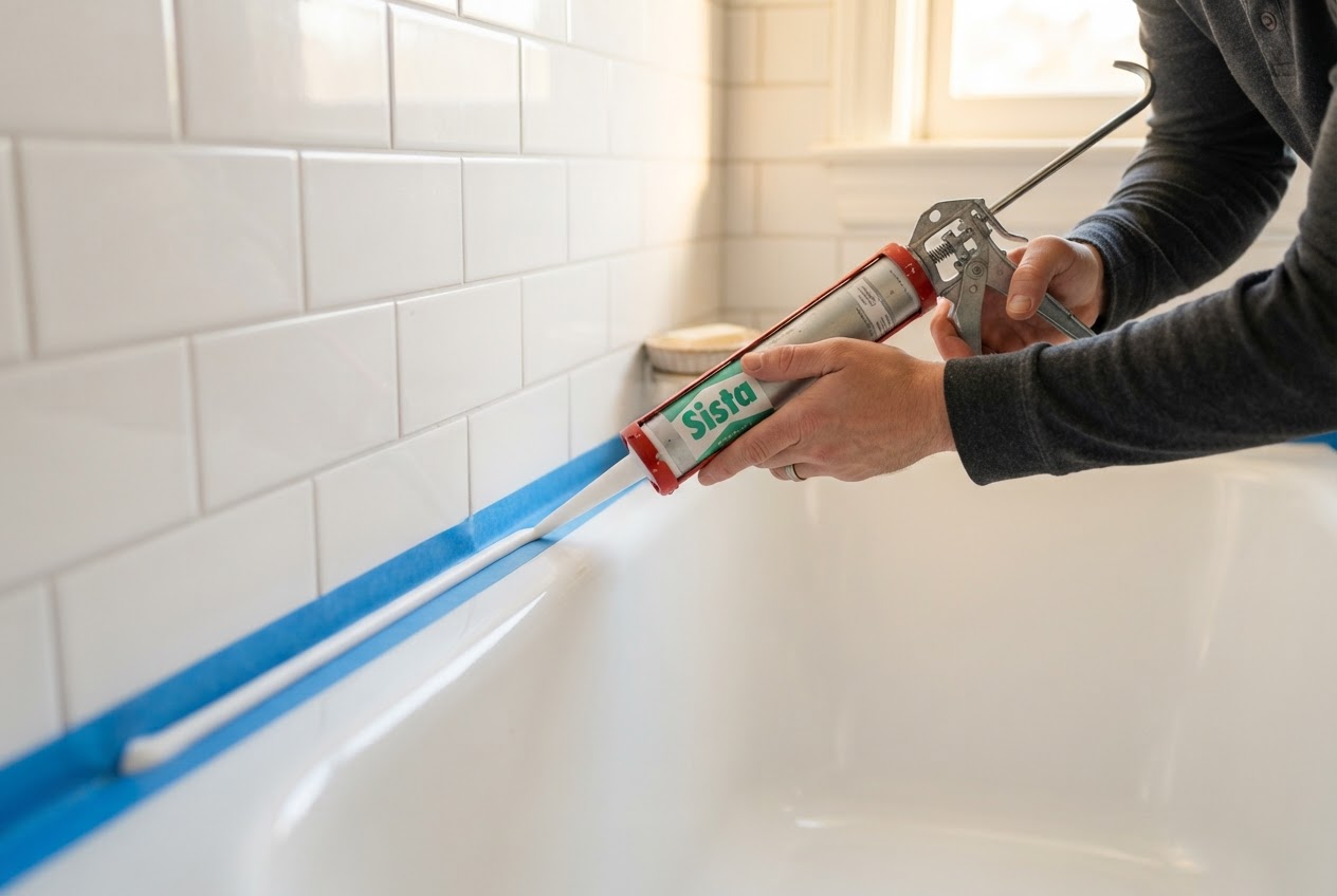 Neue Silikonfuge an weißer Badewanne mit Kartuschenpistole auftragen, Fliesen abgeklebt