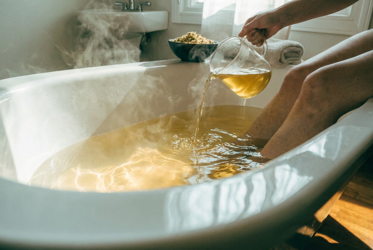 Kamillensud wird für das Sitzbad in die Badewanne gegossen