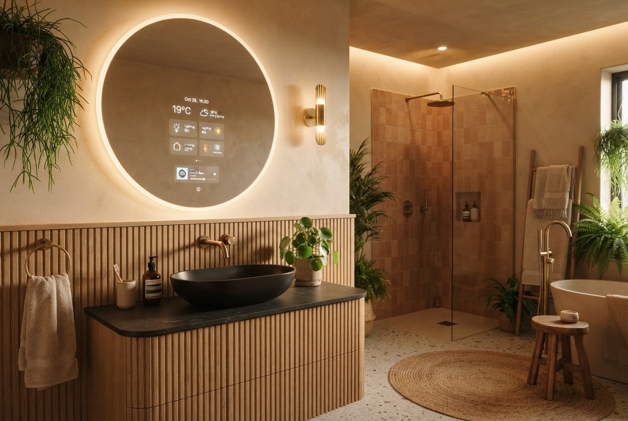 Modernes smartes Badezimmer mit beleuchtetem LED-Spiegel