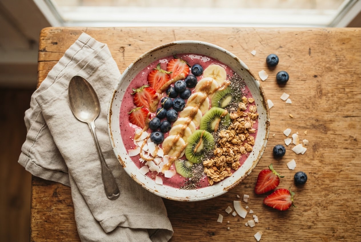 Bunte Smoothie Bowl von oben mit frischen Beeren, Bananen, Granola und Kokoschips
