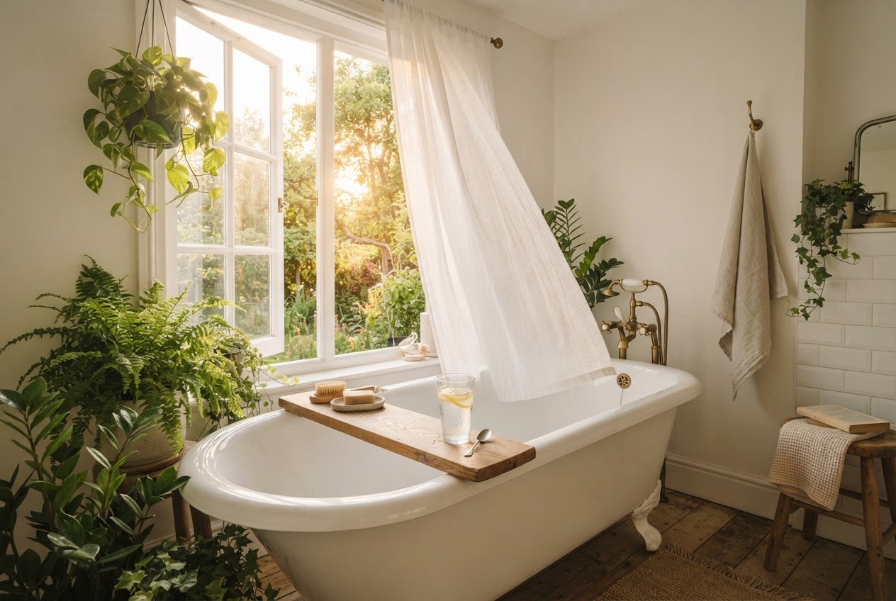 Im Sommer in die Badewanne – helles Badezimmer mit offenem Fenster und Abendsonne