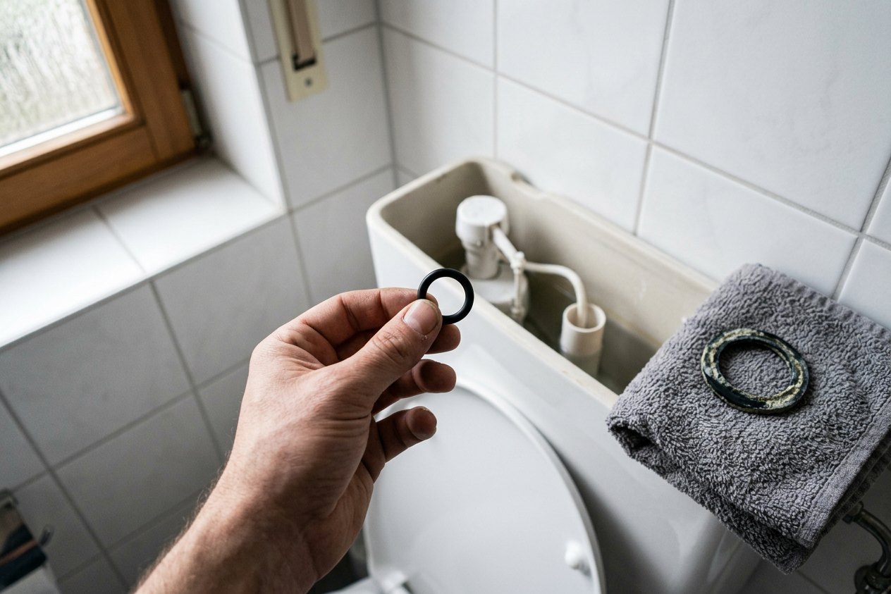 Neue Dichtung für das Ablaufventil wird über den offenen Spülkasten gehalten