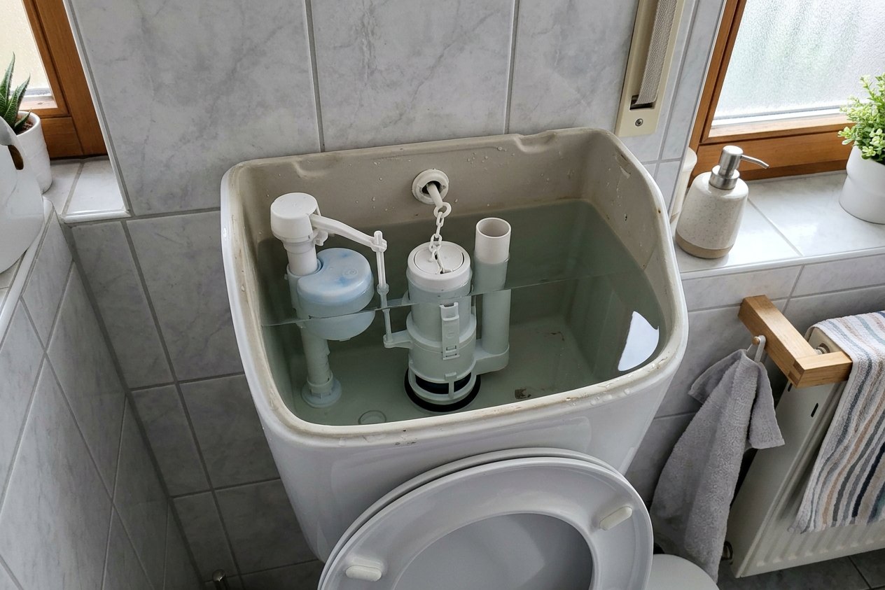 Spülkasten läuft nach: offener Spülkasten mit Füllventil, Schwimmer und Ablaufventil