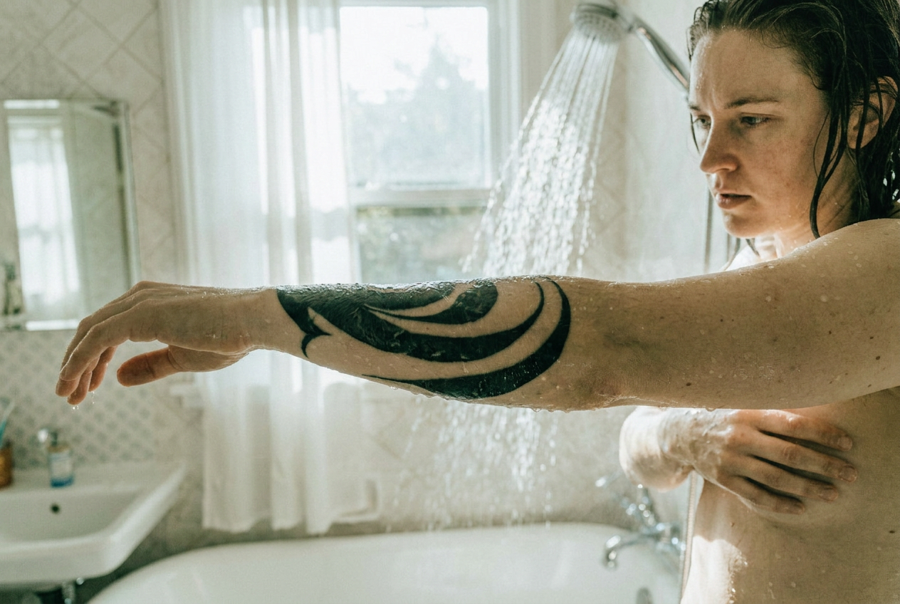 Duschen mit frischem Tattoo: kurz, lauwarm und ohne direkten Wasserstrahl auf die tätowierte Stelle