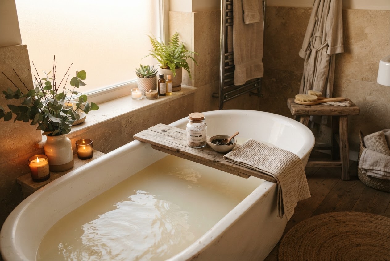 Therapeutisches Bad zuhause: Badewanne mit mineralischem Badewasser, Badesalz und Moorpaste auf einem Holztablett