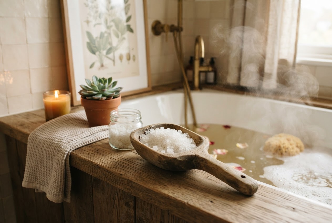 Totes Meer Badesalz Kristalle neben der Badewanne