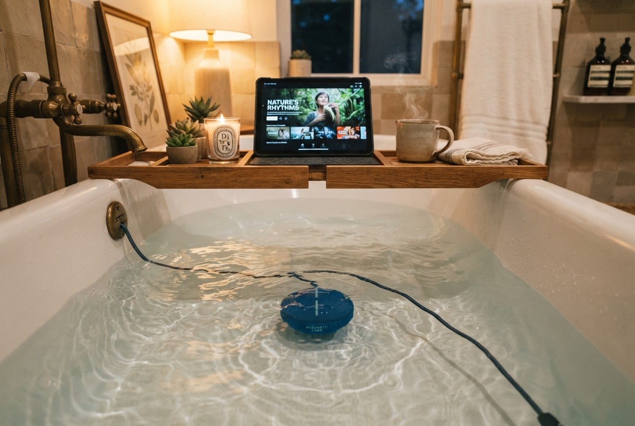 Unterwasserlautsprecher liegt auf dem Boden der gefüllten Badewanne