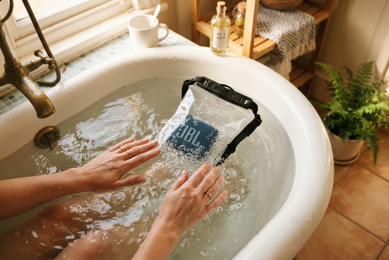Selbstgebauter Unterwasserlautsprecher im wasserdichten Beutel in der Badewanne