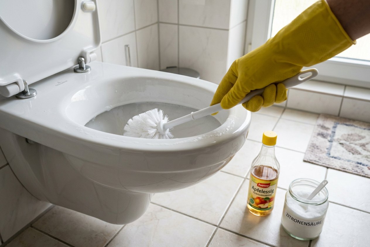 Urinstein entfernen: Hand im Gummihandschuh reinigt die Toilette mit WC-Bürste, daneben Essig und Zitronensäure