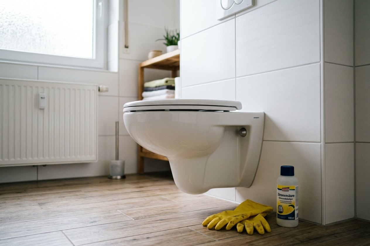 Urinstein entfernen – Toilette Saubere Toilette mit Handschuhen und Zitronensäure – Urinstein entfernen