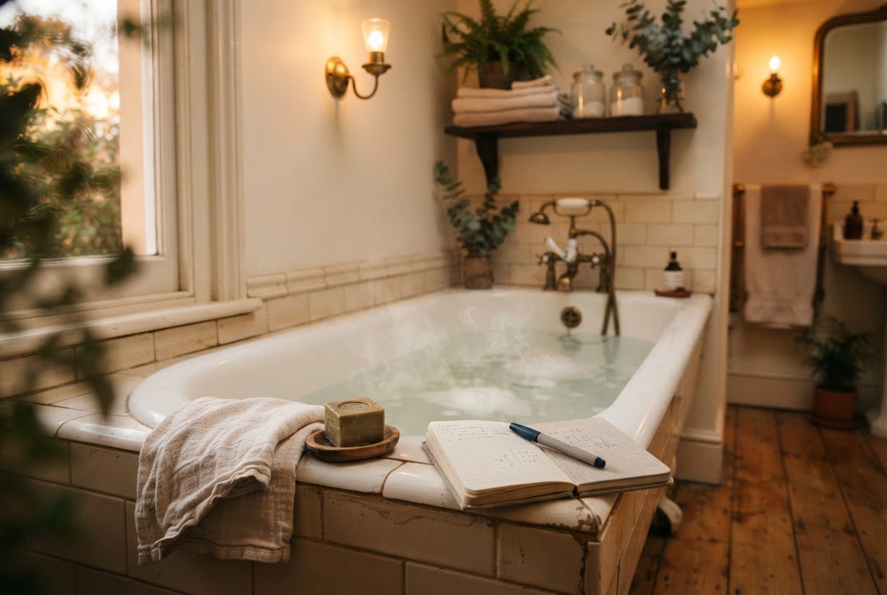 Badewanne mit Waschlappen und Seife am Wannenrand als Sinnbild für Sparen beim Baden