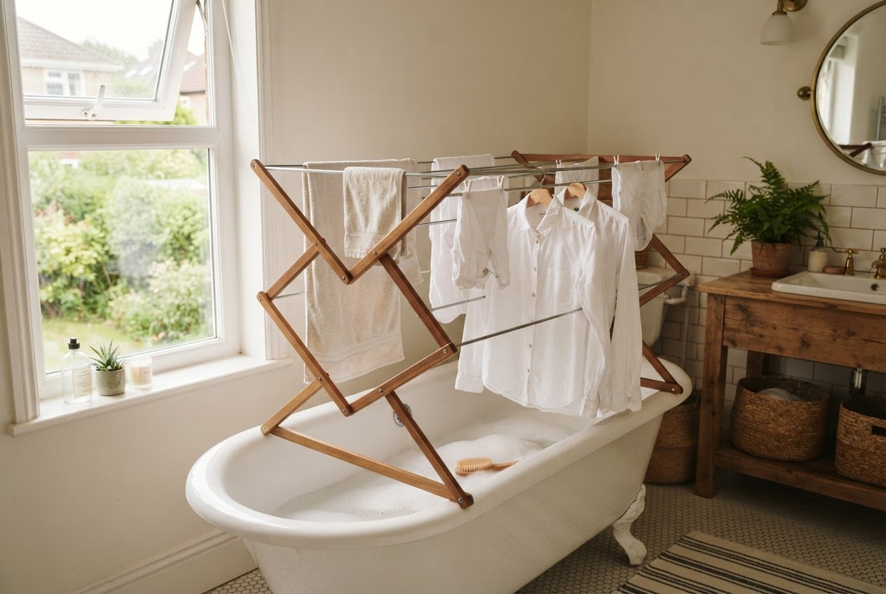 Wäscheständer in Form eines umgedrehten V über der Badewanne mit aufgehängter Wäsche