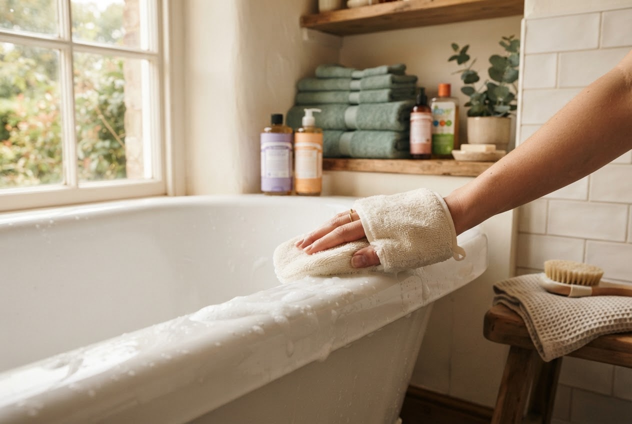Wannentuch: Badewanne mit Reinigungshandschuh putzen